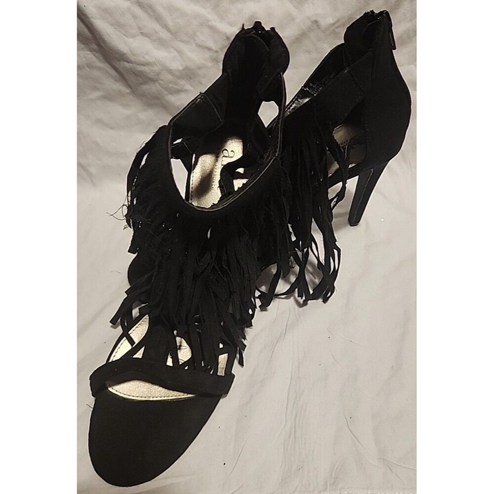 Ana A New Approach Women's Fringe Back Zipper Open Toe Shoe 4" Heels 9.5M Black
